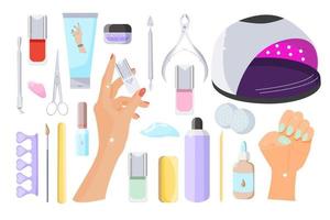 conjunto de ferramentas de manicure e produtos para cuidados com as mãos. ilustração vetorial plana isolada no fundo branco