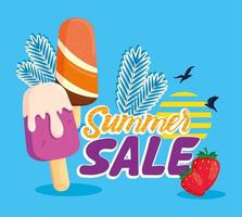 banner de venda de verão, cartaz de desconto de temporada com sorvetes e morango, convite para fazer compras com rótulo de venda de verão, cartão de oferta especial vetor