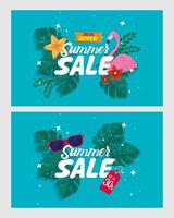 conjunto, banners de venda de verão, cartaz de desconto de temporada com folhas flamengas, tropicais, óculos de sol, convite para fazer compras com rótulo de venda de verão vetor