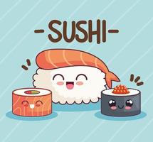 sushi kawaii três personagens vetor