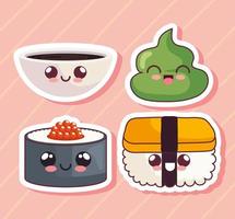 sushi kawaii quatro personagens vetor