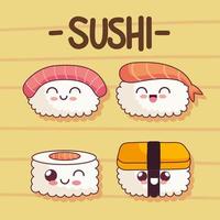 quatro ícones fofos de sushi kawaii vetor