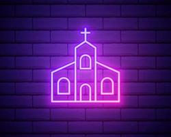 ícone de construção de igreja de linha neon brilhante isolado no fundo da parede de tijolo. Igreja cristã. religião da igreja. ilustração vetorial vetor