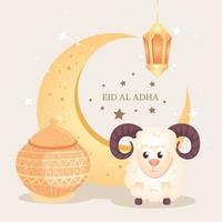eid al adha mubarak, festa de sacrifício feliz, com cabra e ícones tradicionais vetor