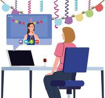 festa online, mulheres fazem festa online juntas em quarentena, videoconferência, festa web câmera férias online vetor
