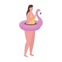 linda mulher gorda com maiô em flamingo rosa, anel de natação inflável em forma de pássaro tropical vetor