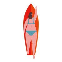 linda mulher gorda de volta deitada na prancha de surf com cor de maiô azul sobre fundo branco vetor