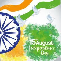feliz dia da independência indiana, celebração 15 de agosto, com ashoka chakra e pombas voando vetor