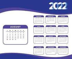 calendário 2022 mês de agosto feliz ano novo design abstrato ilustração vetorial branco e roxo vetor