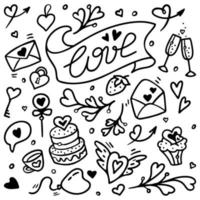 conjunto de elementos de doodle de dia dos namorados fofo. ilustração vetorial doodle em preto e branco gravado estilo infantil isolado no fundo branco vetor