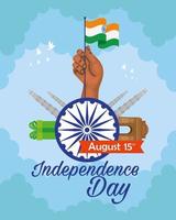 feliz dia da independência indiana, celebração 15 de agosto, com ashoka chakra e monumentos tradicionais vetor