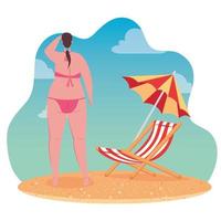 linda mulher gorda de costas usando maiô, com cadeira de praia e guarda-chuva, na praia vetor