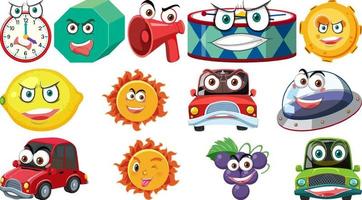 conjunto de objetos de brinquedo diferentes com rostos sorridentes vetor