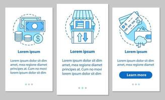 tela de página de aplicativo móvel de integração de compras com conceitos lineares. dinheiro em dinheiro, cartões de crédito, escolha as instruções gráficas das etapas da loja. ux, ui, modelo de vetor gui com ilustrações