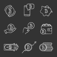 Conjunto de ícones de giz de criptomoeda bitcoin. troca de bitcoin, chat de criptomoeda, cofrinho, pagamento por clique, carteira, dinheiro digital, crescimento do mercado, pilha de moedas. ilustrações de quadro-negro vetoriais isolados vetor