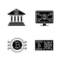 Conjunto de ícones de glifo de criptomoeda bitcoin. banco on-line, página oficial do bitcoin, placa gráfica, mineração de cpu. símbolos de silhueta. ilustração vetorial isolada vetor