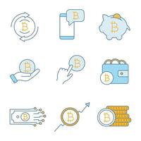 Conjunto de ícones de cores de criptomoeda bitcoin. troca de bitcoin, chat de criptomoeda, cofrinho, pagamento por clique, carteira, dinheiro digital, crescimento do mercado, pilha de moedas. ilustrações vetoriais isoladas vetor