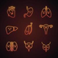 conjunto de ícones de luz neon de órgãos internos humanos tristes. doenças do aparelho respiratório, urinário, reprodutivo, digestivo. órgãos insalubres. sinais brilhantes. ilustrações vetoriais isoladas vetor