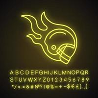 ícone de luz neon do capacete do jogador de rugby em chamas. sinal brilhante com alfabeto, números e símbolos. ilustração vetorial isolada vetor