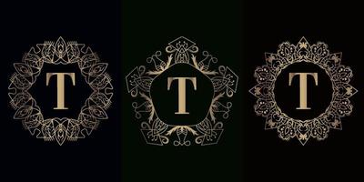 coleção de logotipo inicial t com moldura de ornamento de mandala de luxo vetor