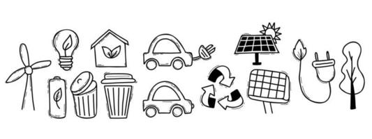 conceito de ecologia. ícones lineares estilo ilustração vetorial doodle desenho isolado no fundo branco. reduzir, ir verde, reutilizar, recusar, energia verde, estilo de vida ecológico vetor