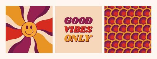 conjunto de cartazes de fundo dos anos 70 vintage coloridos retrô. gráfico de vetor hippie ideal para t-shirt, cartazes, cartões, adesivos. apenas boas vibrações.