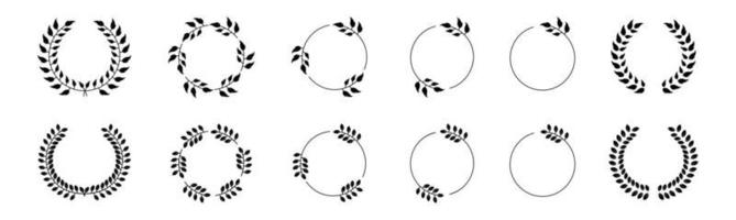 definir o ícone de galhos de quadros de louros pretos com bordas de círculo. vetor