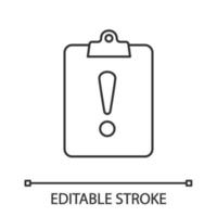 ícone linear atrasado de atribuição. ilustração de linha fina. área de transferência com ponto de exclamação. símbolo de contorno. desenho de contorno isolado de vetor. traço editável vetor