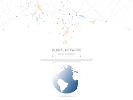 Conexão de rede global, baixo poli conectando pontos e linhas com fundo de mapa do mundo.