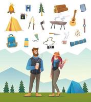 personagem de turista de casal campista com ilustração vetorial de equipamento de acampamento vetor