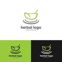 gráfico de vetor de logotipo à base de plantas com um ícone que consiste em almofariz, pilão e folha. melhor para qualquer negócio.