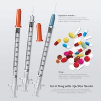 Conjunto de drogas com agulha de injeção realista ilustração vetorial vetor