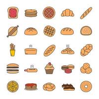 ícone de cor de padaria. pastelaria. confeitaria. pão, pães, biscoitos, macaron, panquecas. ilustração vetorial isolada