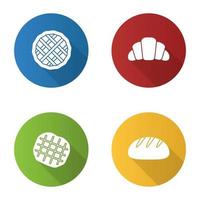 conjunto de ícones de glifo de design plano de padaria longa sombra. torta, croissant, waffle belga, pão redondo. ilustração em vetor silhueta
