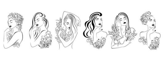 definir retratos femininos de arte de linha com flores na cabeça. ilustração vetorial isolada vetor