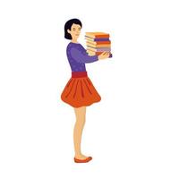 uma boa garota segurando uma pilha de livros isolados no fundo branco. ótimo para temas de doação, caridade, biblioteca, educacional. ilustração de um estudante vetor