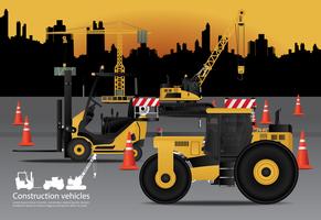 Conjunto de veículos de construção com ilustração em vetor de fundo de construção