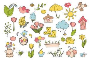 coleção de doodle de primavera e páscoa, flores e decorações. primavera de páscoa com ovos fofos, pássaros, abelhas, borboletas. mão desenhada ilustração vetorial. vetor