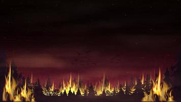 um incêndio florestal com um céu vermelho esfumaçado. paisagem vetorial com floresta de abetos em chamas