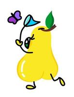 ilustração amarela tipo bonito dos desenhos animados de uma pêra com lindos olhos pega uma borboleta. para um conjunto de adesivos, eventos infantis, recreação, lazer. vetor