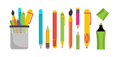 um conjunto de material escolar, artigos de papelaria, canetas, lápis, marcadores. ilustração em um estilo simples. vetor