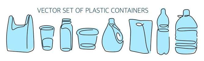 conjunto de vetores de recipientes de plástico. pacote, copo, garrafa, recipiente e outros. dia livre de saco plástico.