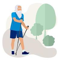 caminhada nórdica de um aposentado. vida esportiva dos idosos. os velhos caminham, fazem exercícios ao ar livre na floresta. estilo de vida ativo na aposentadoria para pensionistas. vetor