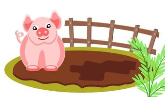 um porco alegre senta-se no pântano ao lado da cerca vetor