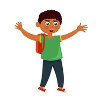 um menino alegre com uma mochila em estilo cartoon. ilustração vetorial. vetor