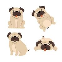 pug engraçado conjunto de 4 cães, ilustração vetorial em um estilo simples. para uso na impressão de lembranças, cartões postais e têxteis. vetor