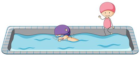 Personagem de Doodle nadando na piscina vetor