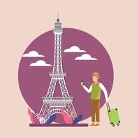 homem com boné verde indo para a torre eiffel em paris. dia de viagem. ilustração vetorial colorida.