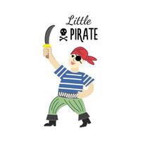 um menino corajoso com um sabre em uma fantasia de pirata, botas, uma bandana e um colete de camiseta. convite para uma festa para pequenos piratas vetor