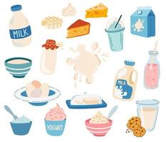 lacticínios. leite, creme, manteiga, requeijão, ovos, queijo, iogurte. ingrediente de cálcio. lactose. comida saudável. ilustração vetorial dos desenhos animados isolada no fundo branco.
